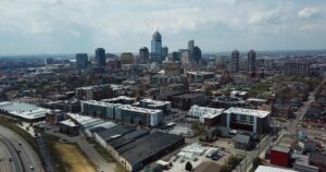 drone shot of indianapolis, indiana downtown
