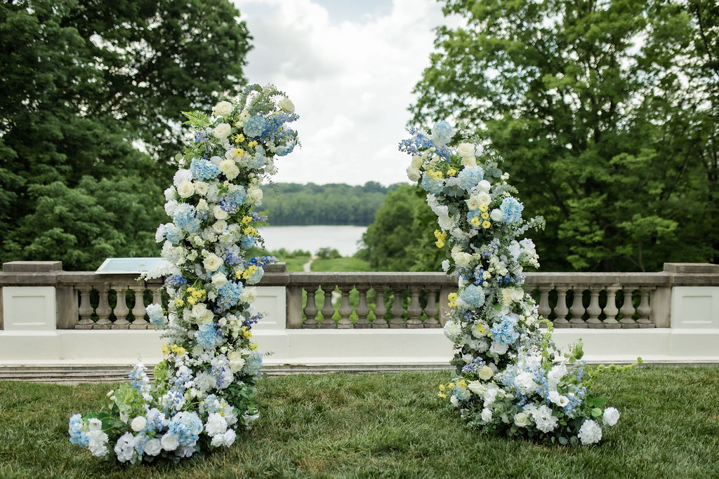 I do florals by sarah beautiful blue, yellow and white florals at newfields lilly house terrace