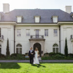 Wedding couple standing in front of Newfields Lilly House Indianapolis Indiana Wedding