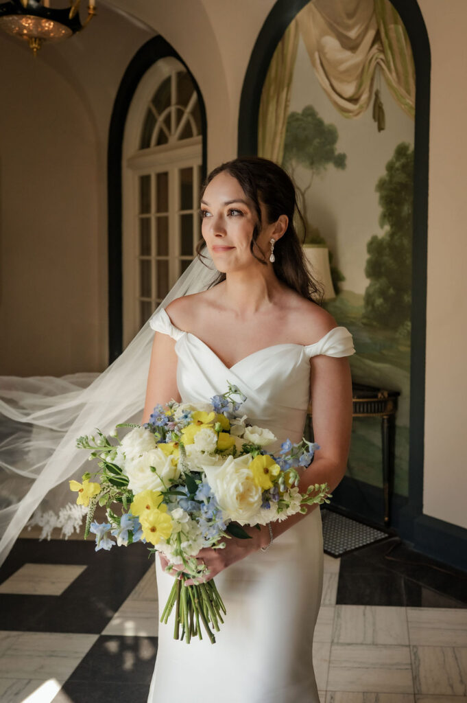 Bride about to walk out to meet her groom for the first time in Newfields.