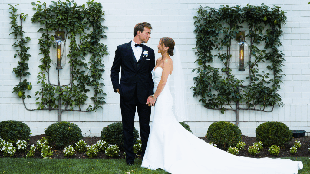 Bride and groom outside Ritz Charles.