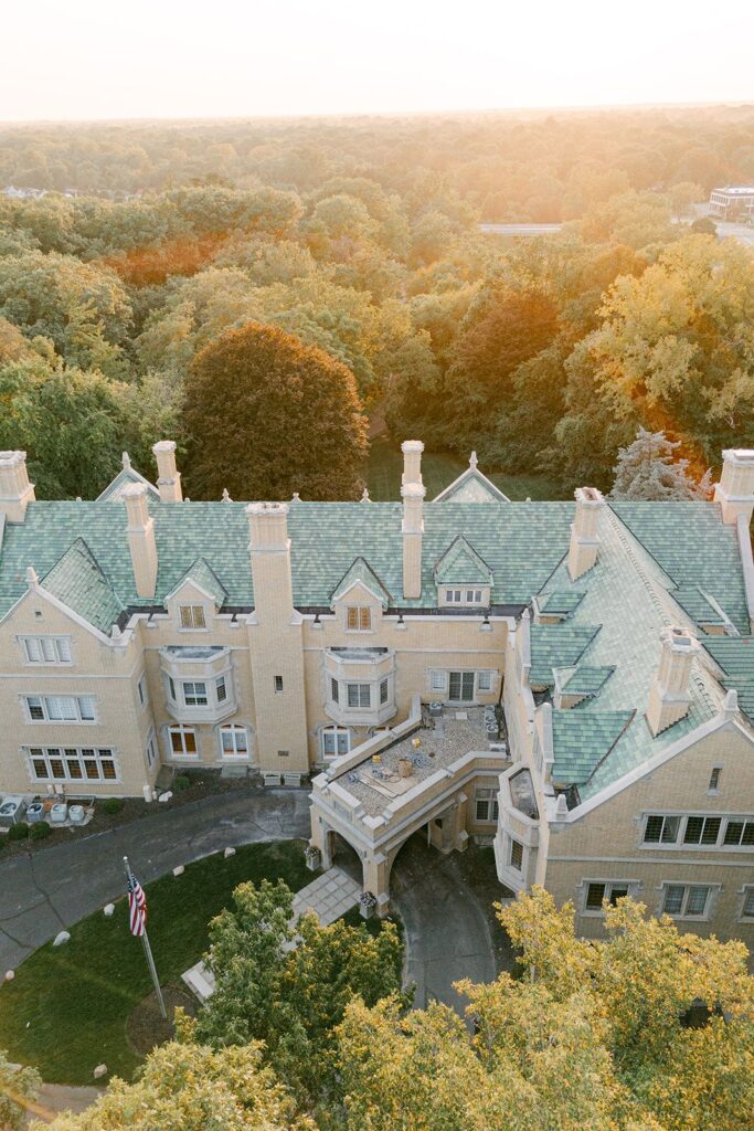 Laurel Hall Indianapolis Wedding Venue sunset drone shot.