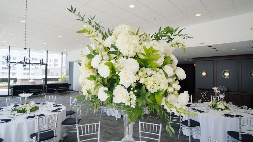 Wedding reception floral center piece Regions Tower.