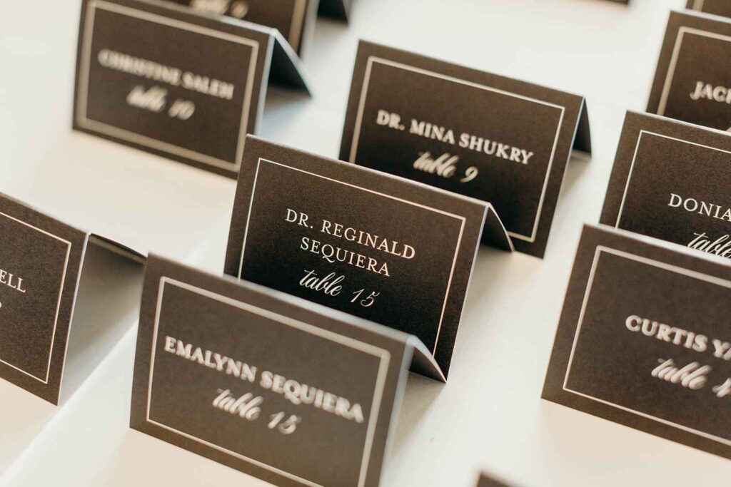 Reception place cards at Hotel Carmichael Reception