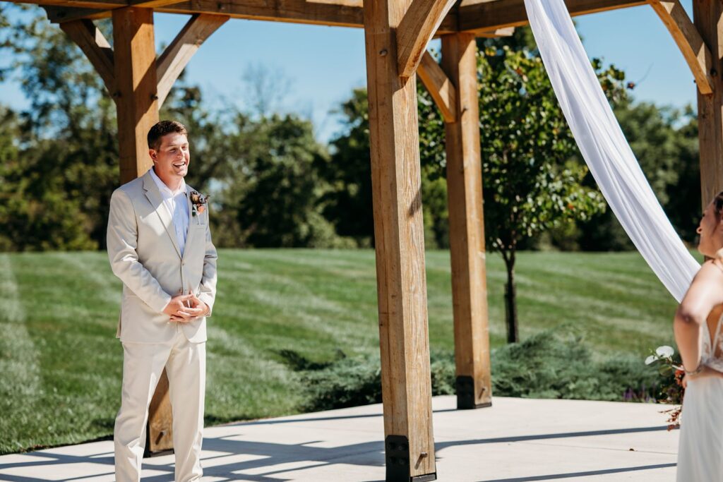 Groom's first look reaction Bloomington Indiana