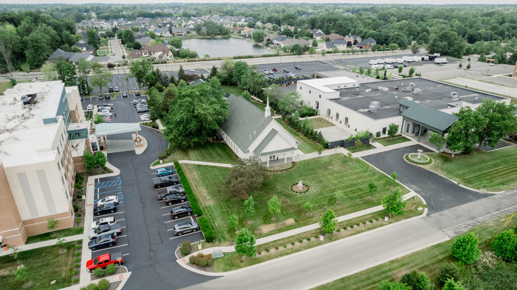 The Ritz Charles chapel drone shot.